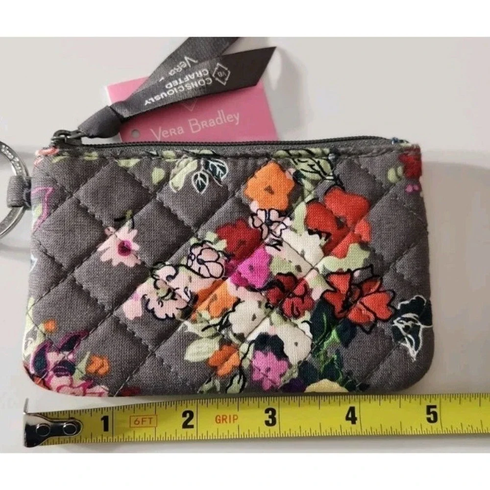 NWT Vera Bradley Zip ID Case Hope Blooms Gray White Wallet Key Ring Coin Purse‎